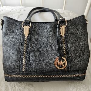 Michael Kors Black Pebbled Leather Satchel with Gold Hardware 22 Inch Straps